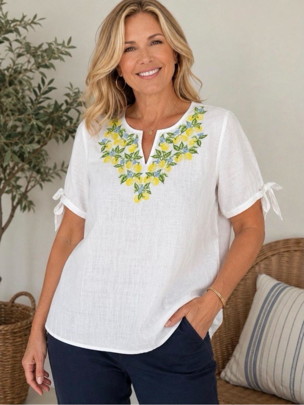 Talbots White Linen V-Neck Short Sleeve Top with Lemon Embroidery